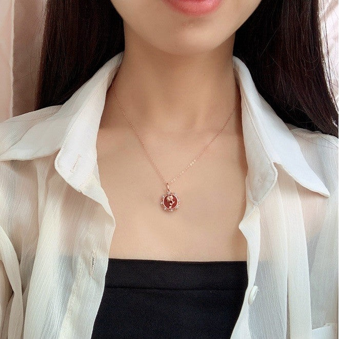 Kalung  Agate Merah Natural Model Bunga Perak 925 Red Necklace