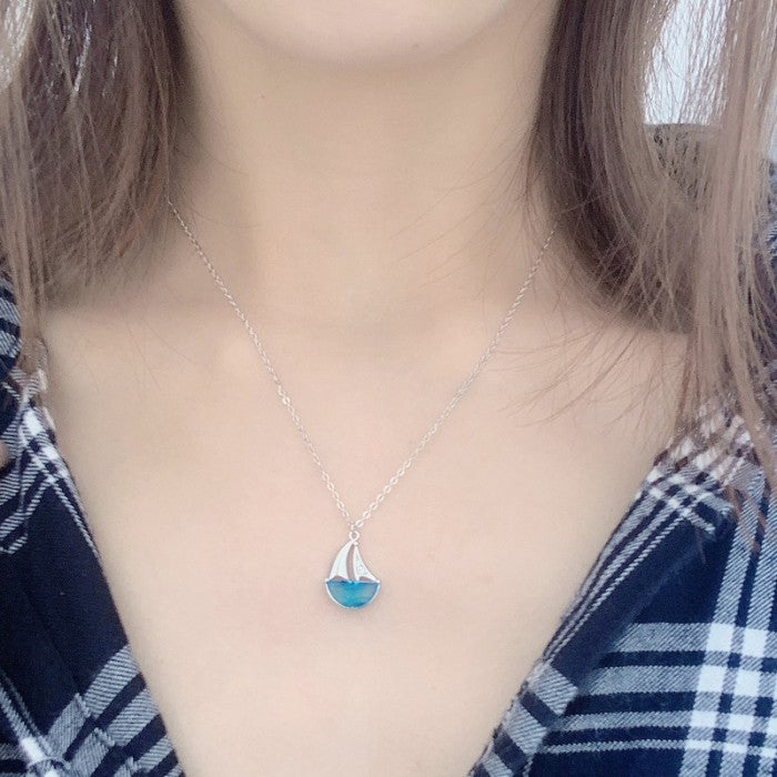 Kalung Ocean Blue Perak 925 Model Kapal Laut  Boat Necklace