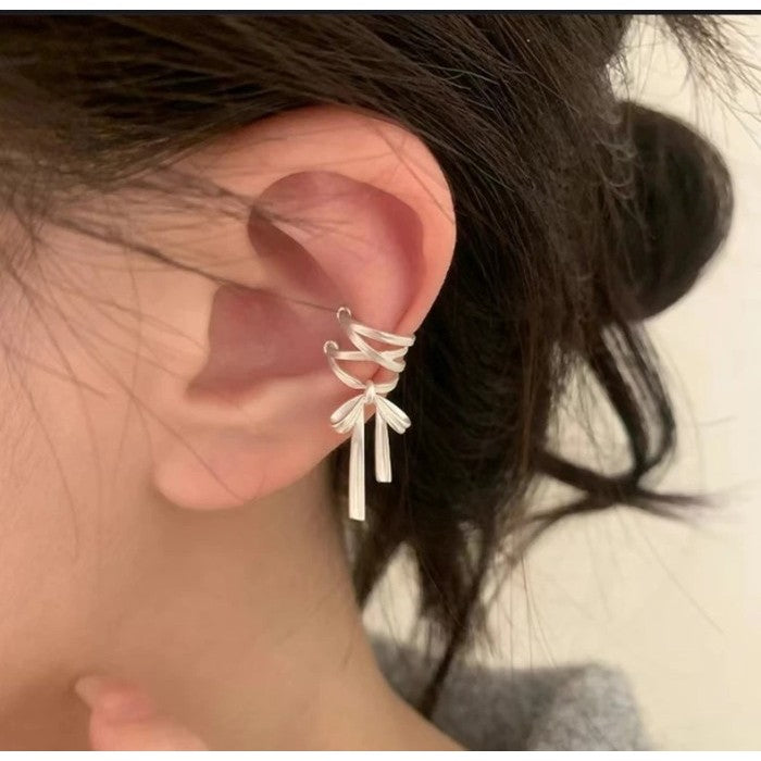 Set Anting dan Cincin Simpul Stylish Silver Modern Knot Earrings