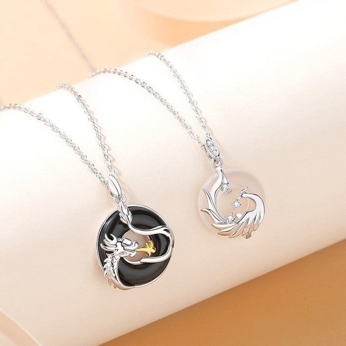 Kalung Pasangan Dragon & Phoenix Perak Murni Liontin Onyx Couple Necklace