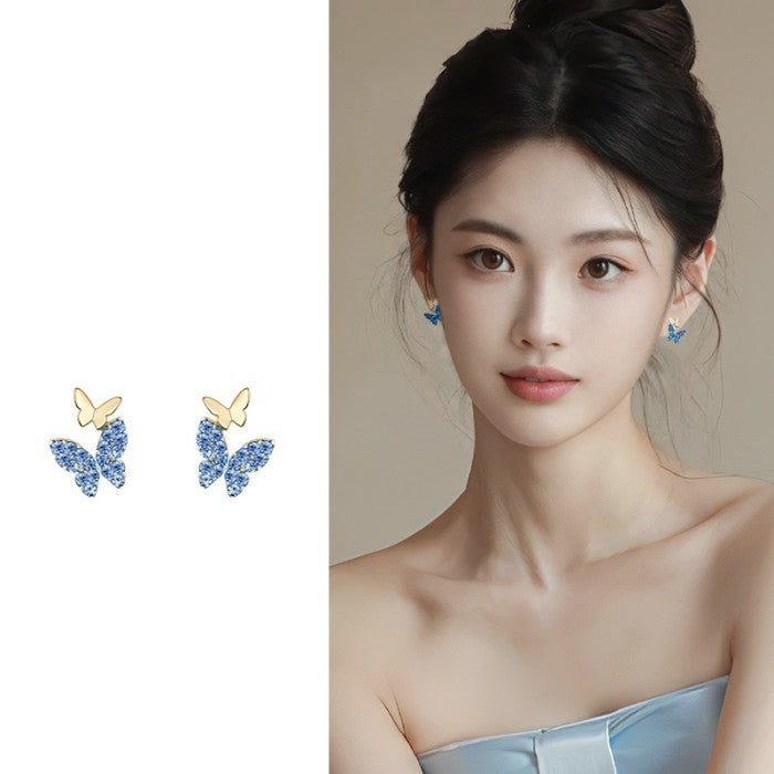 Anting Stud Kupu-Kupu Biru dengan Detail Berkilau Perak S925 Earrings