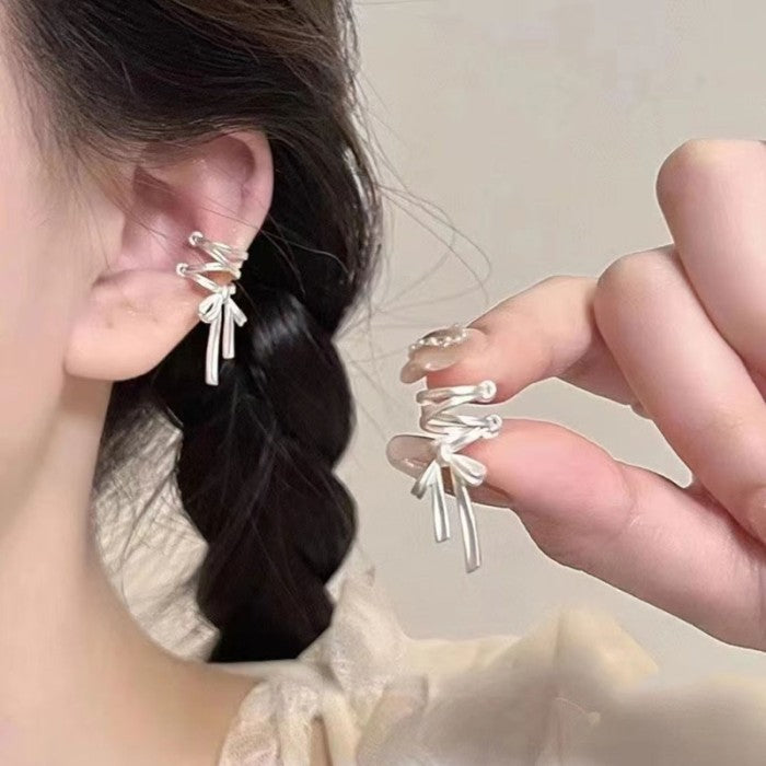 Set Anting dan Cincin Simpul Stylish Silver Modern Knot Earrings