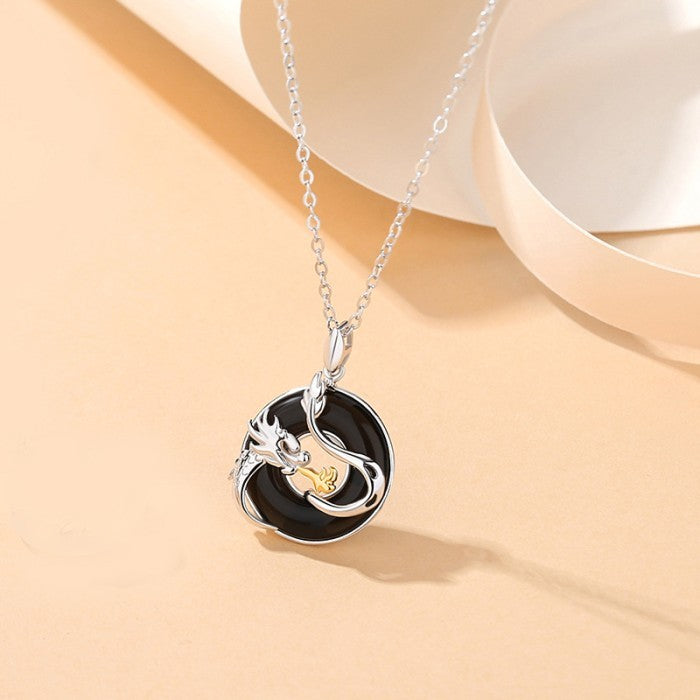 Kalung Pasangan Dragon & Phoenix Perak Murni Liontin Onyx Couple Necklace