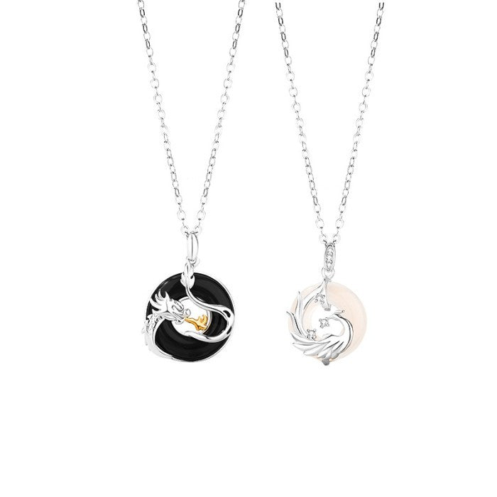 Kalung Pasangan Dragon & Phoenix Perak Murni Liontin Onyx Couple Necklace