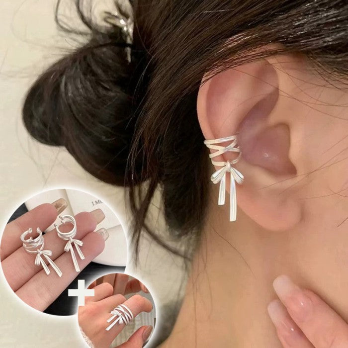 Set Anting dan Cincin Simpul Stylish Silver Modern Knot Earrings